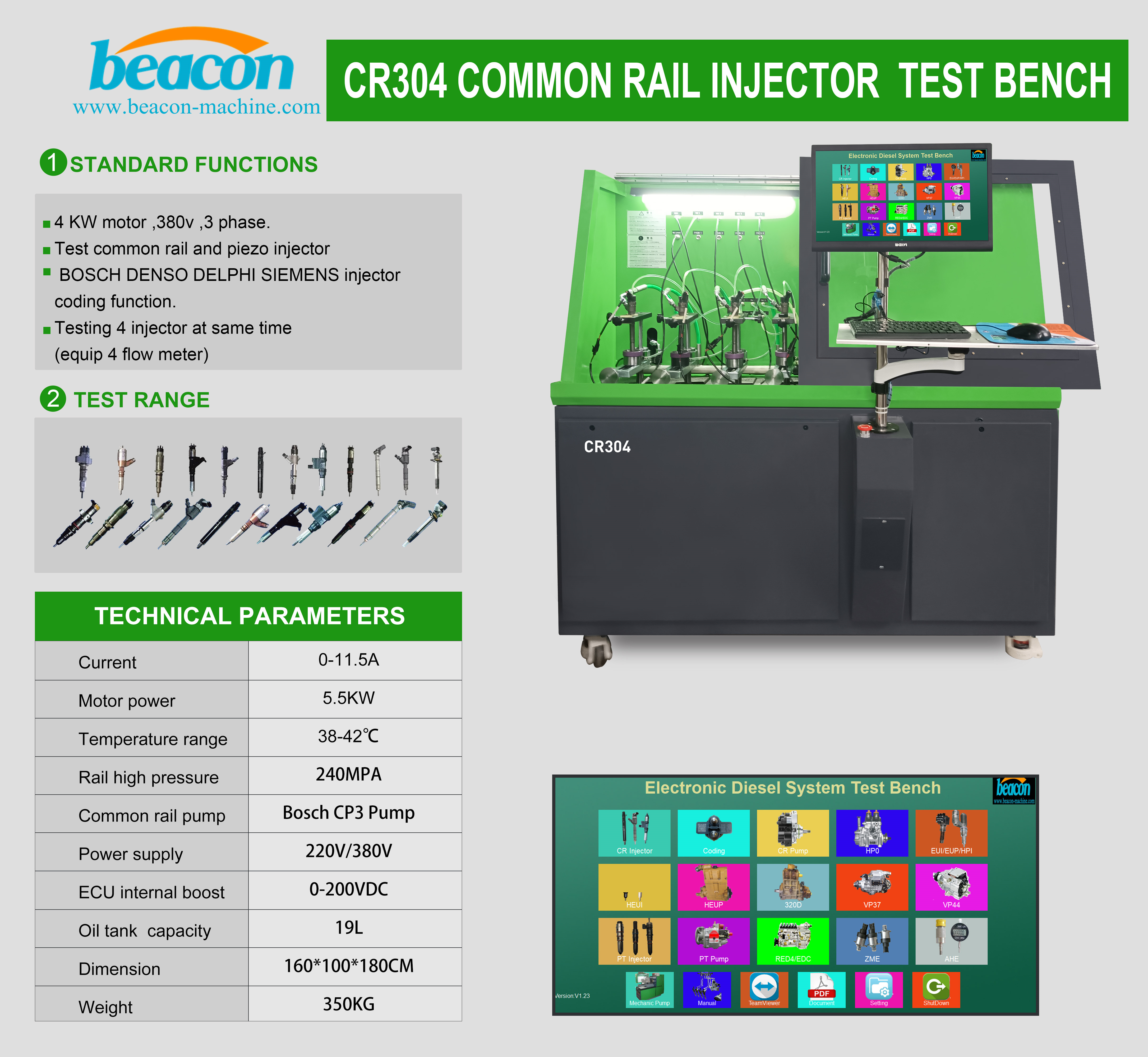 CR304 Common Rail Diesel Injector Test Bench With Coding Function can test four injectors at the same time