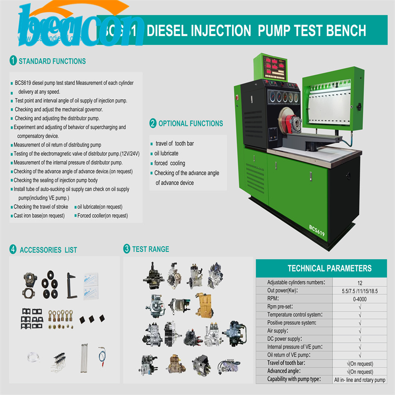 Beacon BCS619 diesel fuel injection pump test bench to detect all in-line mechanical pumps with 12 cylinders and below