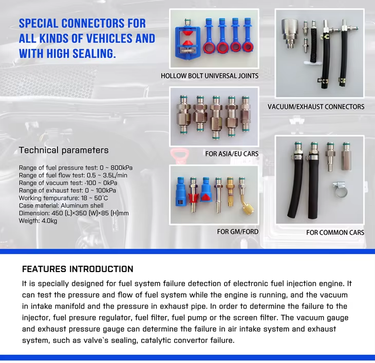 Fuel System Comprehensive Tester Pressure Flow Meter Vehicle Tool Kit Auto Repair Tool