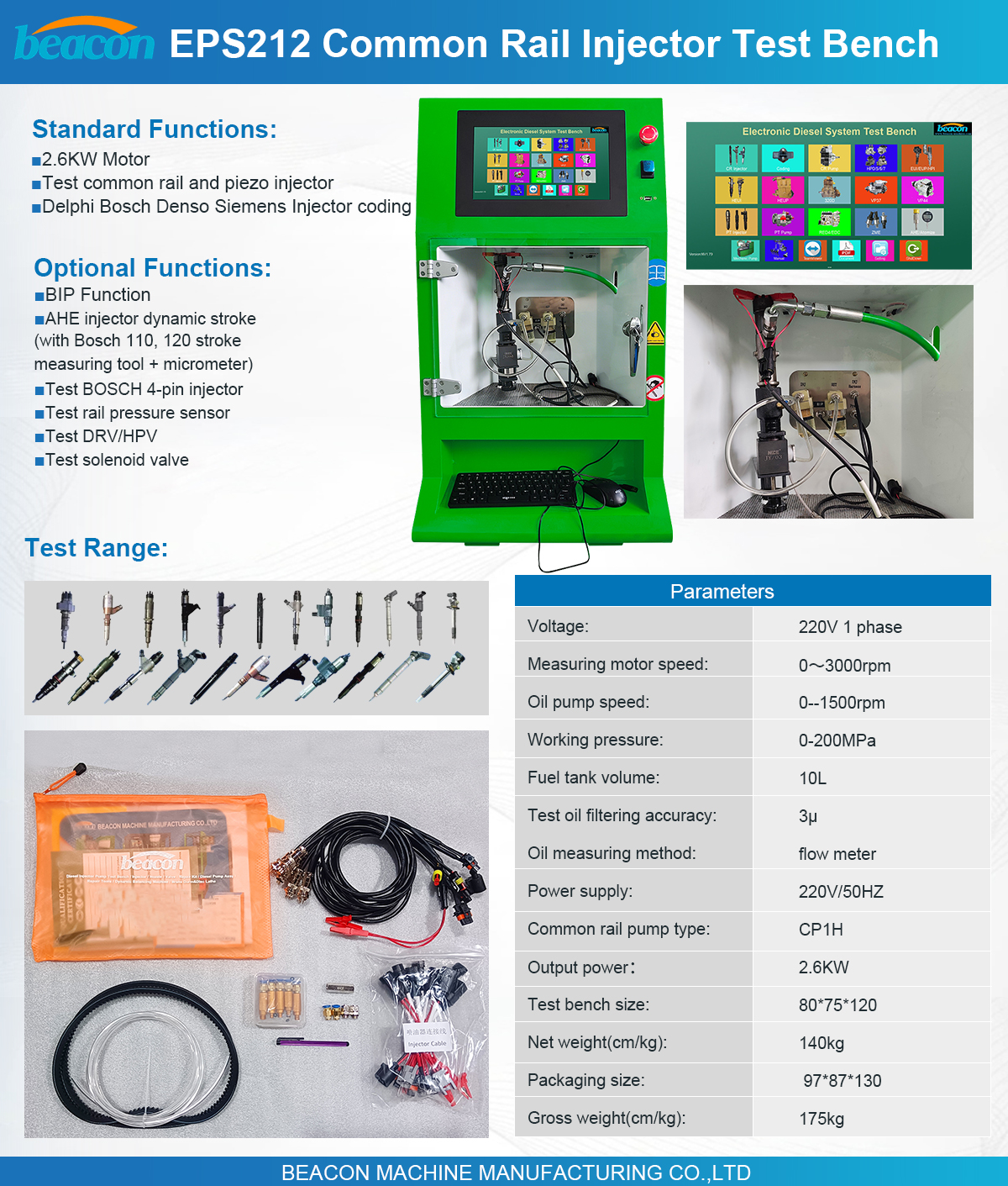 EPS212 Common Rail Injector Test Bench High Pressure Solenoid Piezo Injector Diagnostic Machine with Coding Function